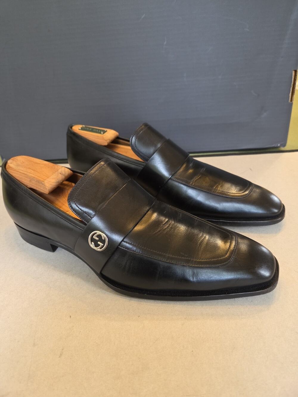 GUCCI double G black LEATHER LOAFERS SLIP ON SHOES MAN UK 10 Us11